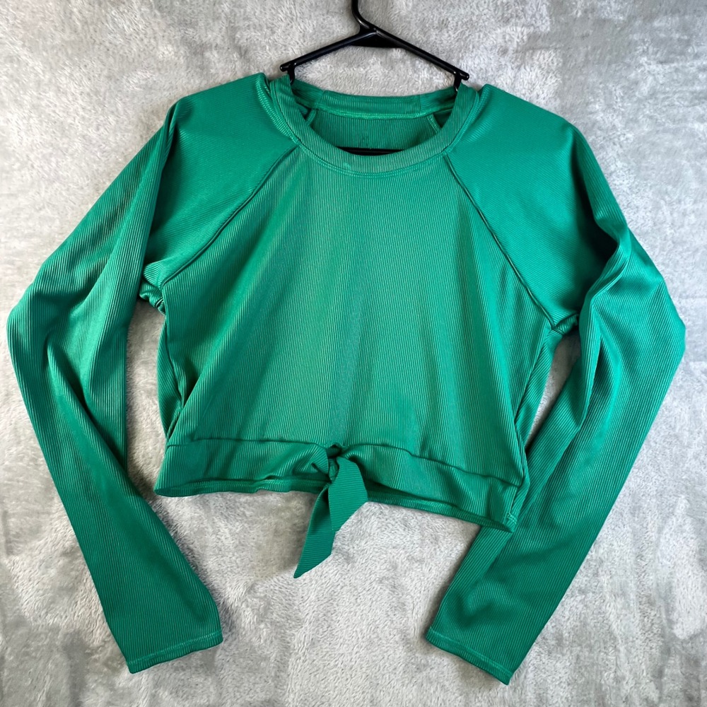 Athletic Wear‎ Ribbed XL Green Long Sleeve Crop Top Tie Front Athleisure Sporty